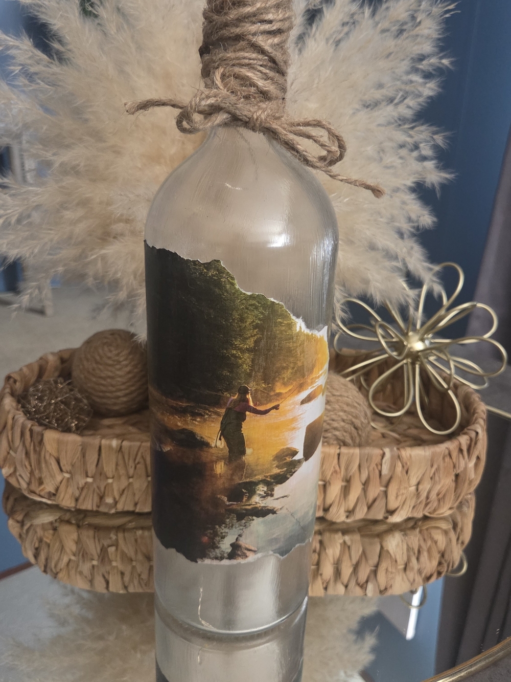Rustic Woman Fly Fishing Lighted Bottle Decor Cabin Lodge River Fisherwoman LED